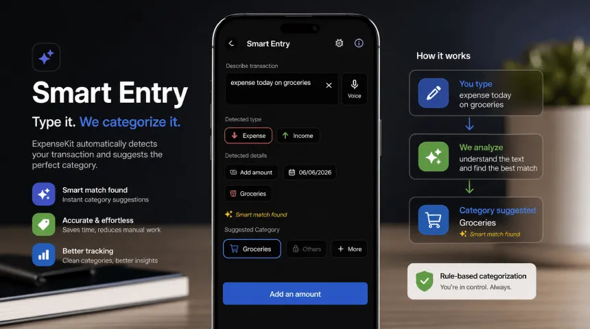 ExpenseKit Smart Entry suggesting a groceries category from transaction text