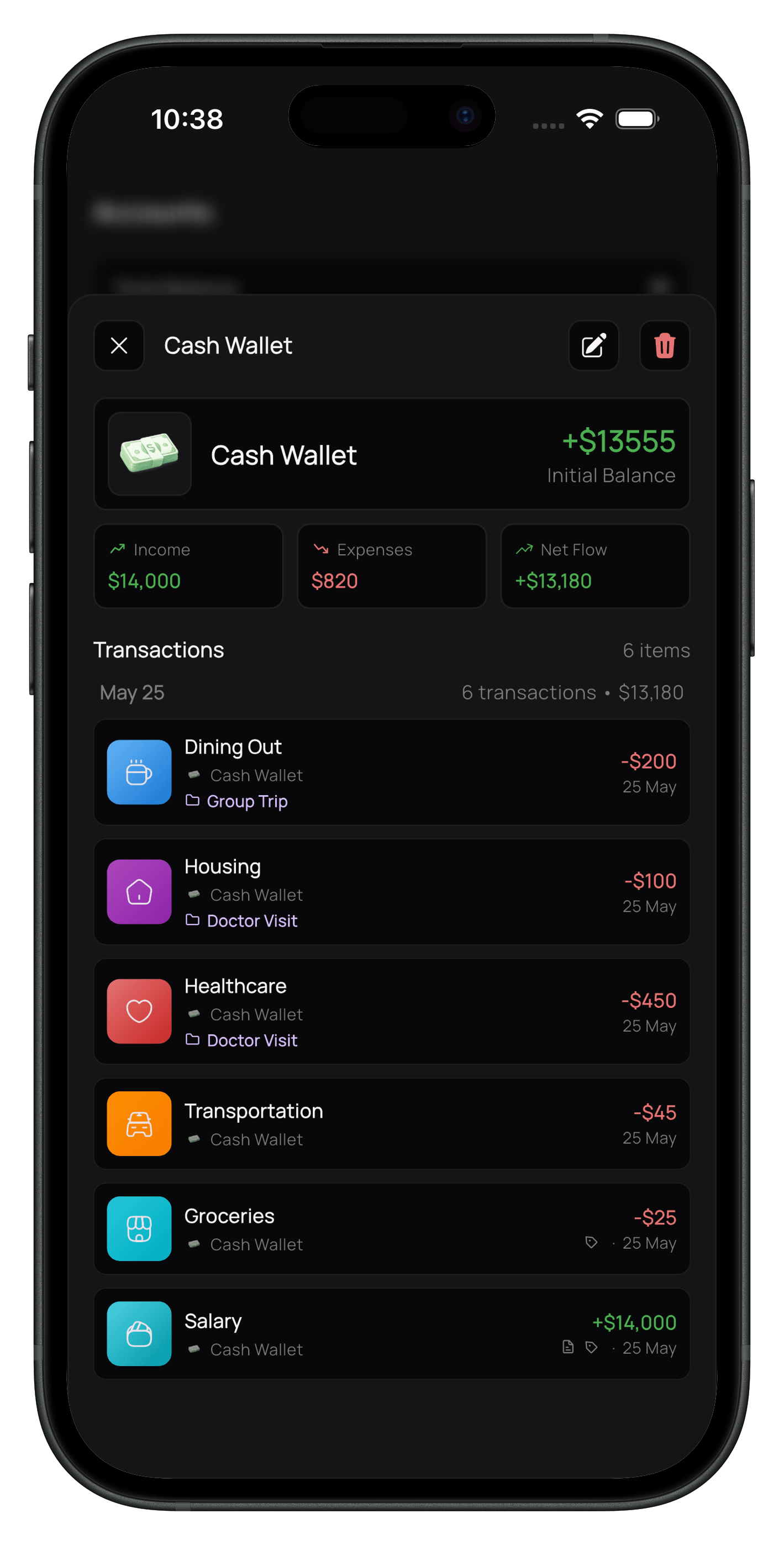 ExpenseKit account detail screen with income, expenses, net flow, and transactions