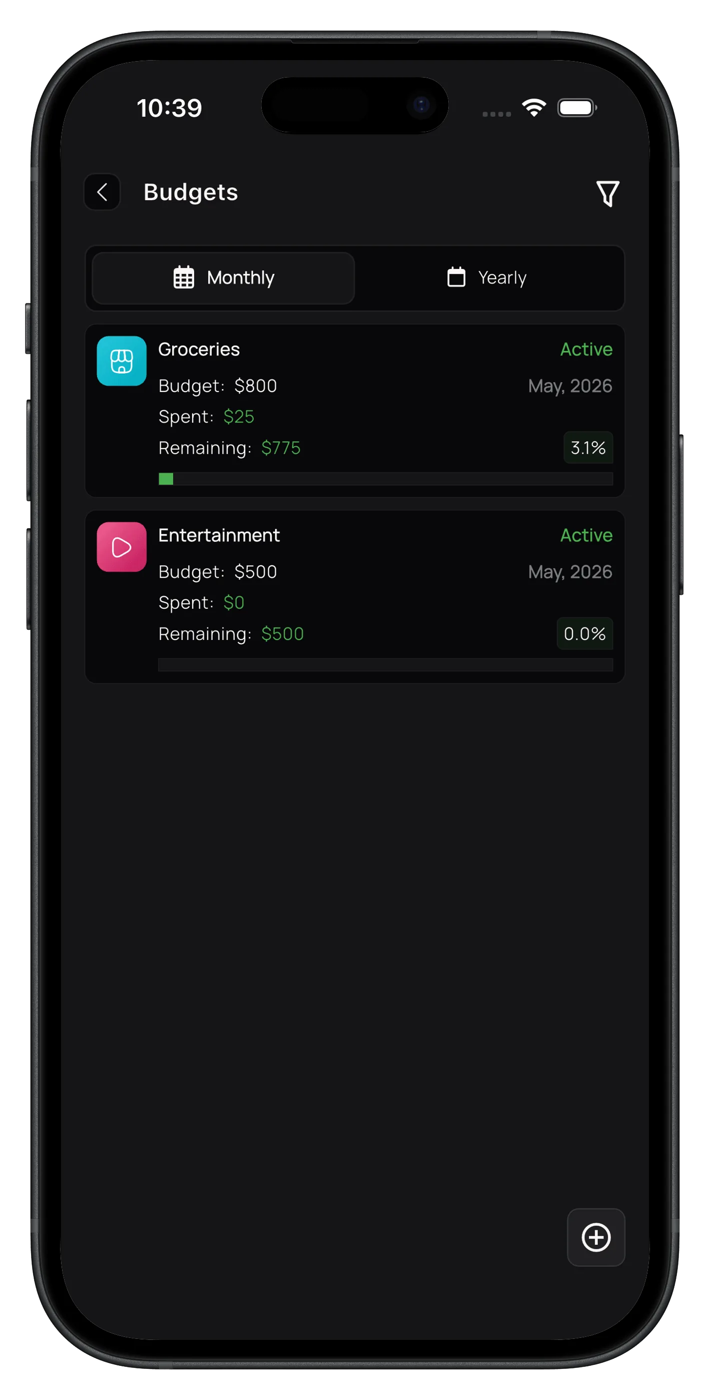 ExpenseKit monthly budget tracker list with active budgets and remaining amount