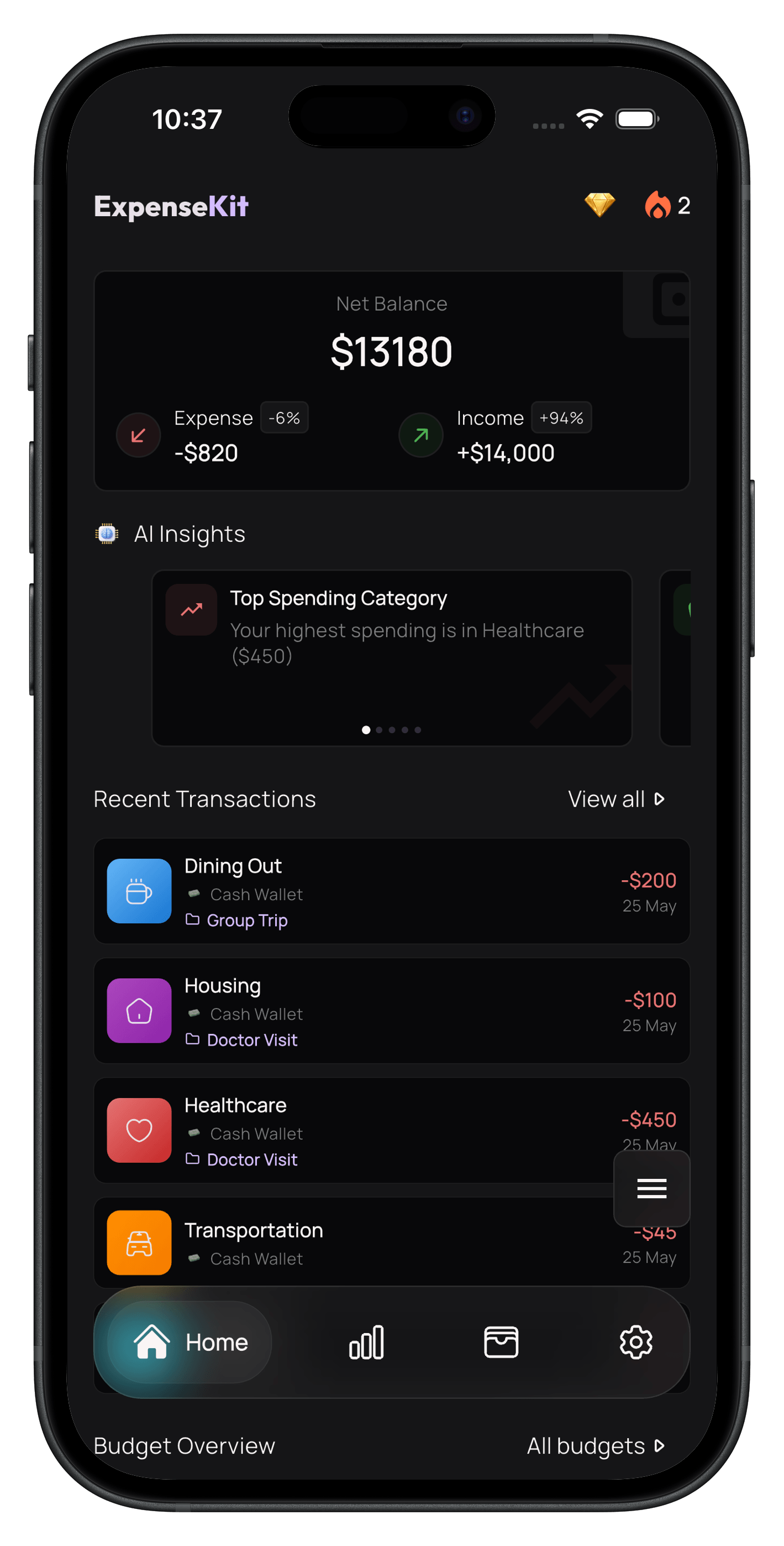 ExpenseKit money manager dashboard with net balance, AI insights, and recent transactions