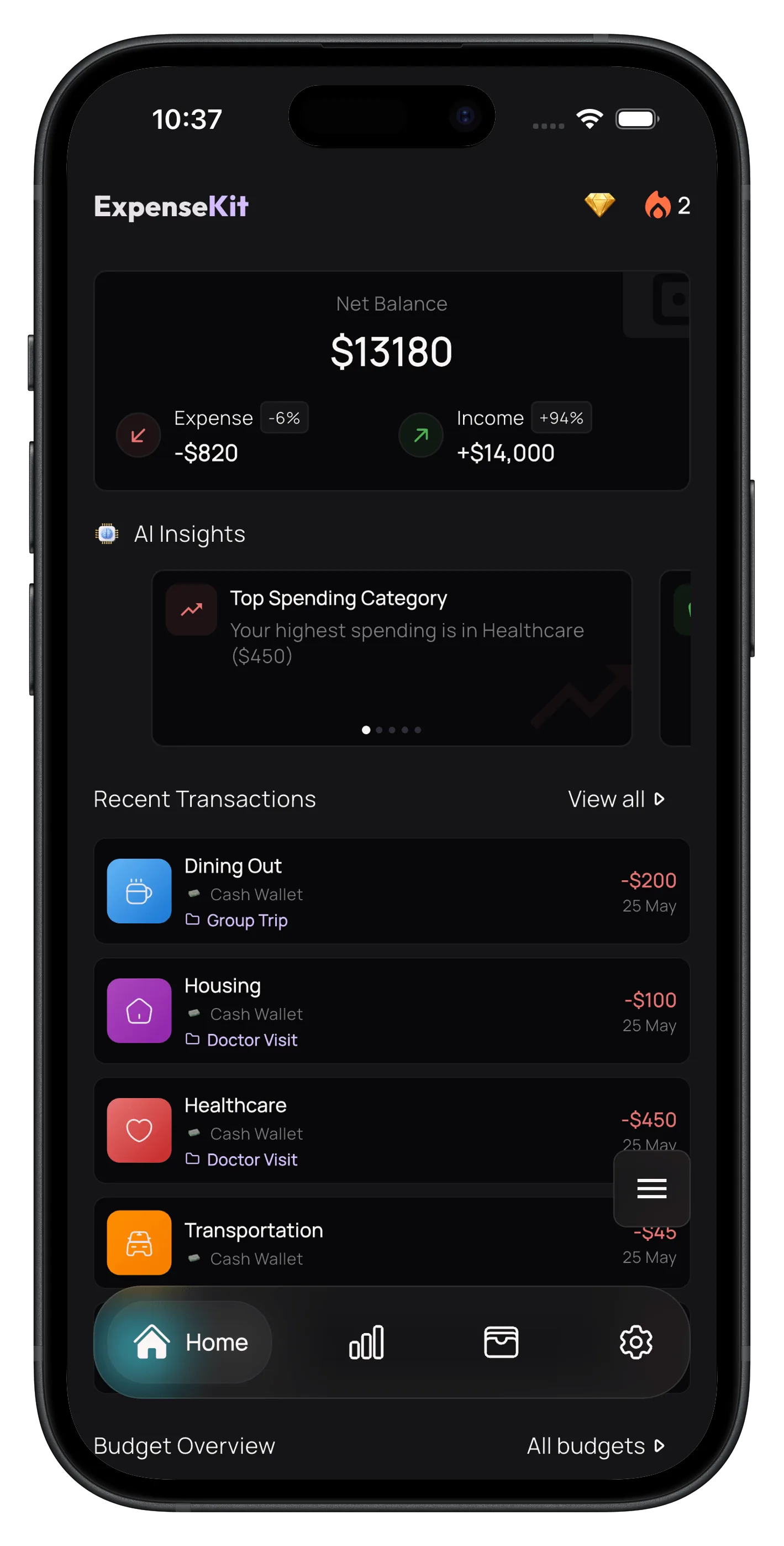 ExpenseKit money manager dashboard with net balance, AI insights, and recent transactions